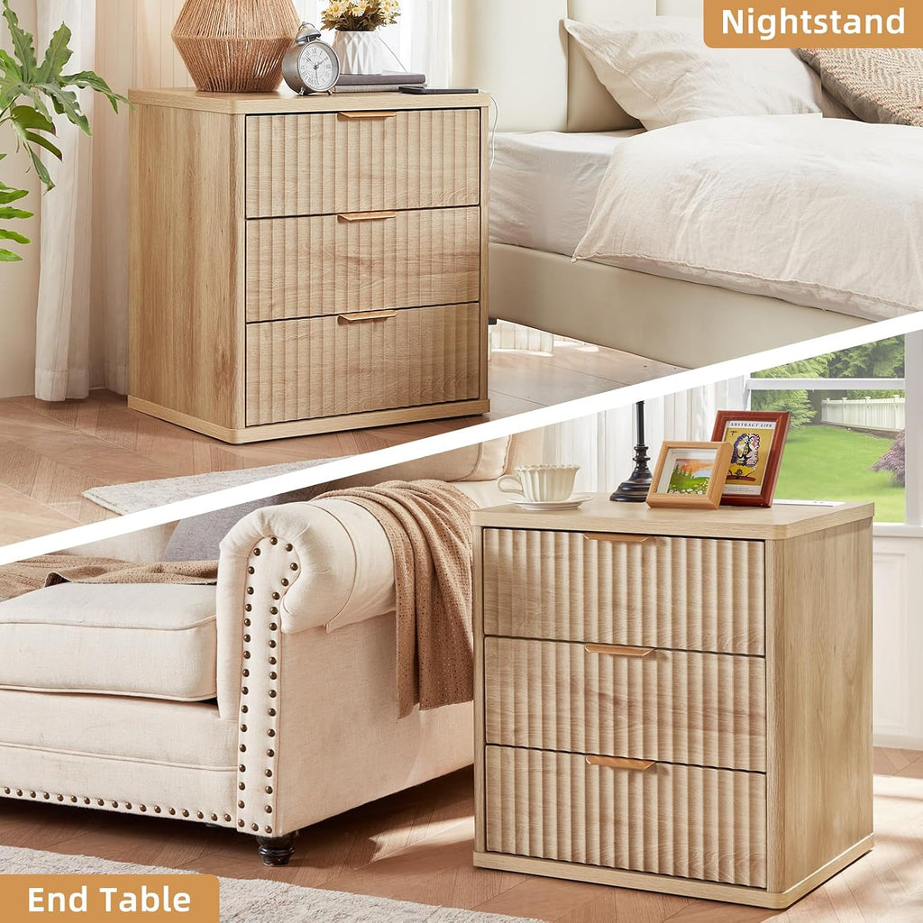 LEYAOYAO Fluted Dresser and 3 Drawers Nightstand Set of 2, Wood 48' Wide Dresser & 23' Night Stand with Charging Station, 3 Piece Bedroom Furniture Set, Chest of Drawers for Home,Living Room,Wood