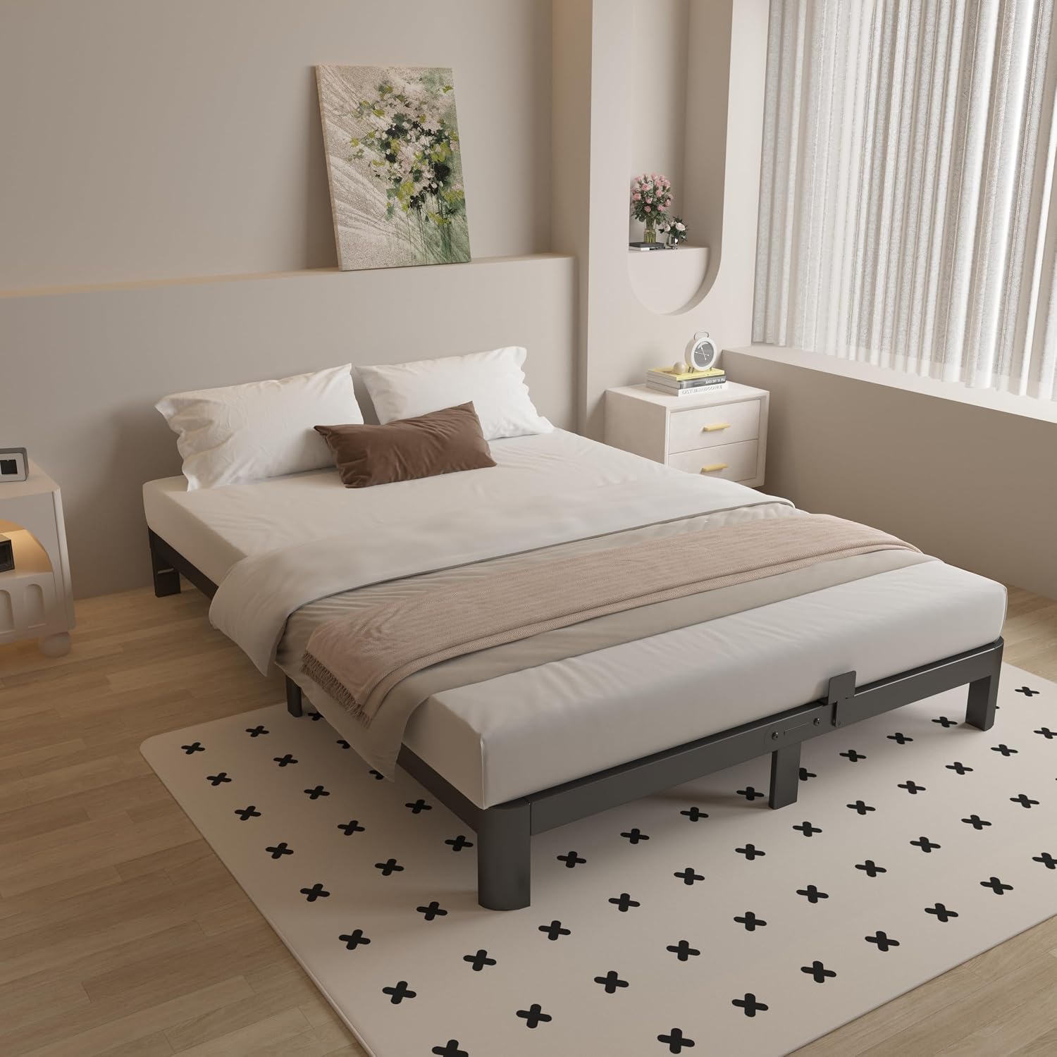 6 Inch King Size Bed Frame with Metal Gaskets, Black Bed Frame King Size No Box Spring Needed, Heavy Duty Steel Platform Support, Round Corner Design, Reserved Holes, Noiseless, Easy Assembly