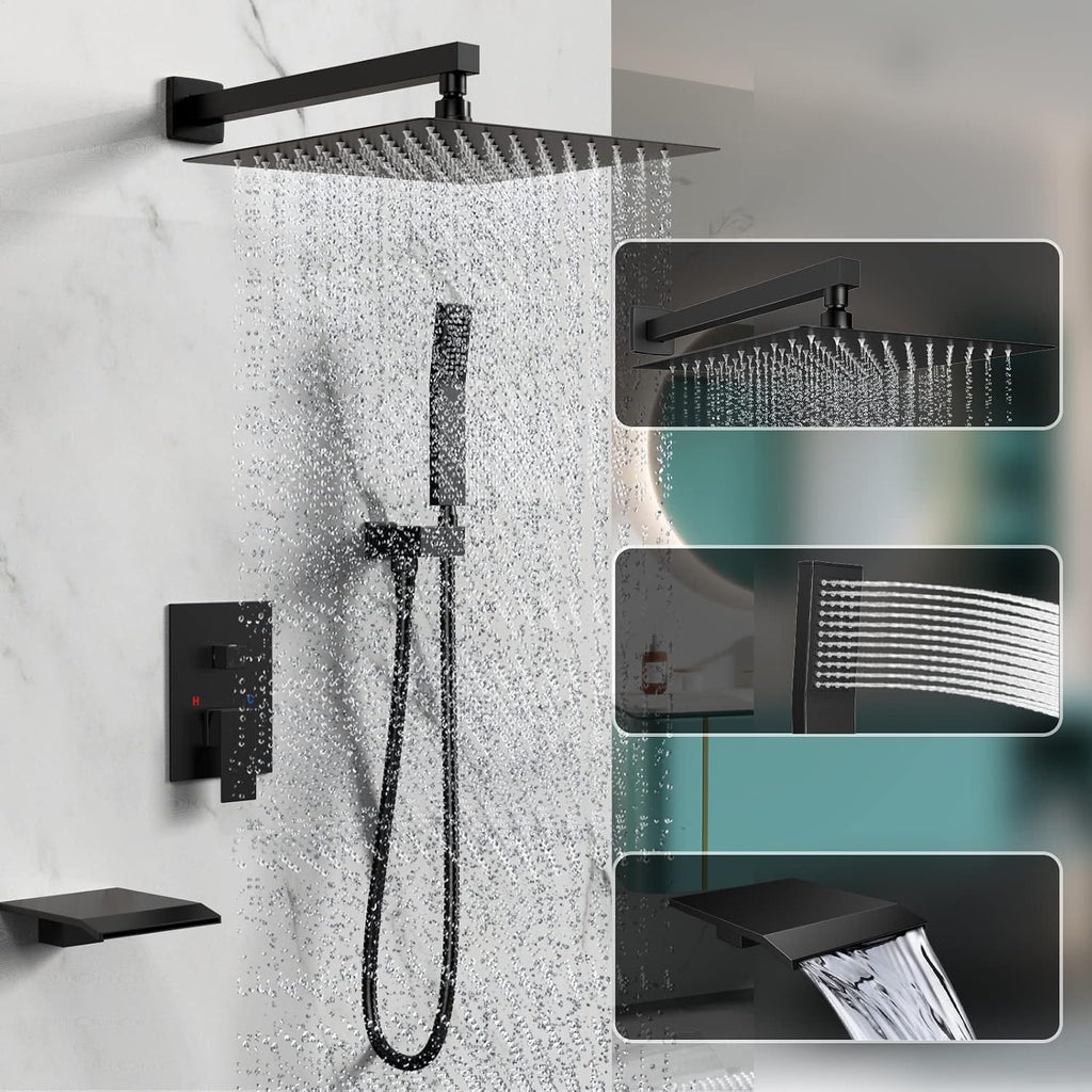 Rain Shower System 12 inch Shower Faucet Set with Tub Spout,Bathroom Wall Mounted Waterfall Shower Head Faucet Sets Complete with Handheld Spray,Rough-in Valve Body and Trim kit,Matte Black