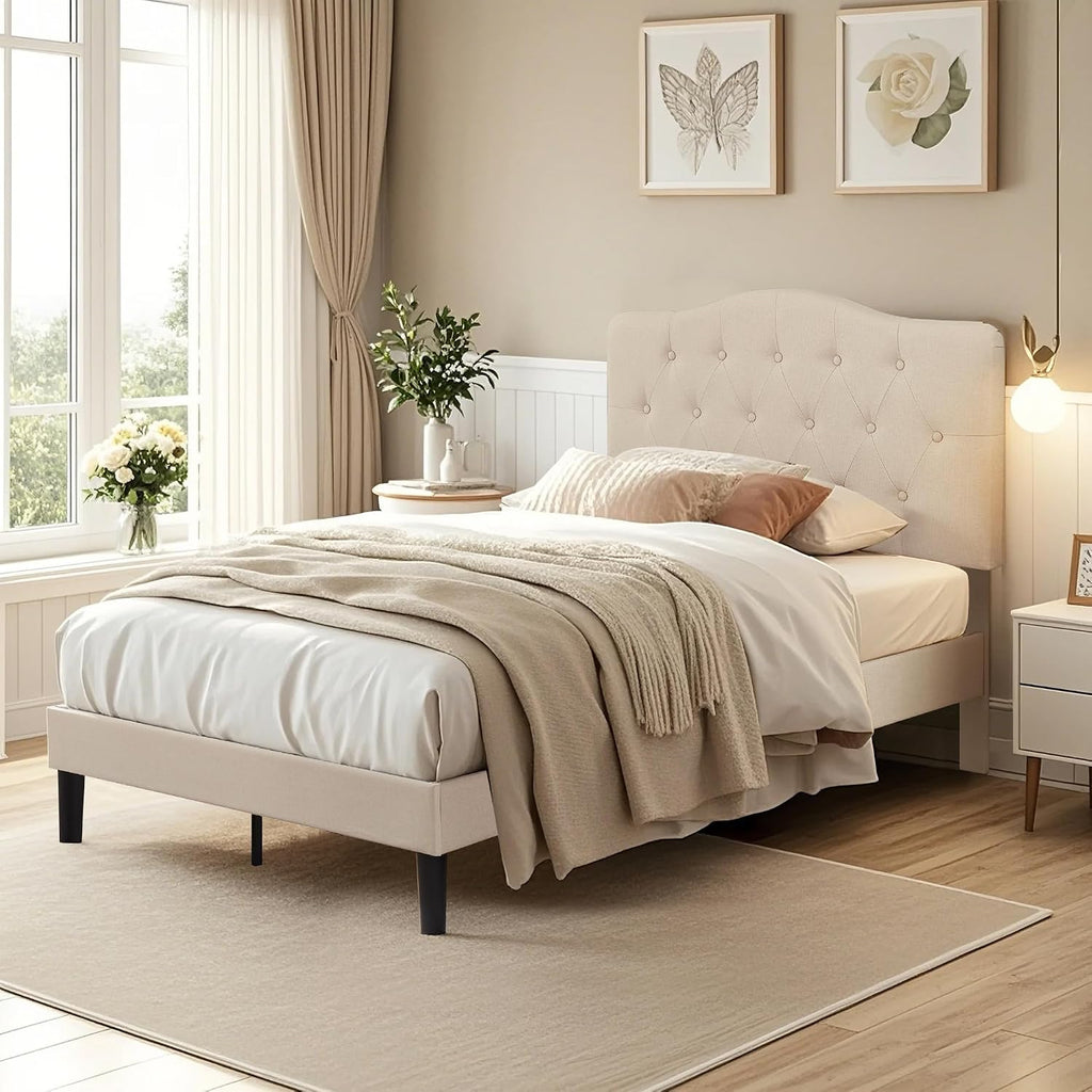 VECELO Twin Size Bed Frame Upholstered Platform with Tufted Adjustable Headboard/Mattress Foundation with Wood Slat Support, Easy Assembly,Beige