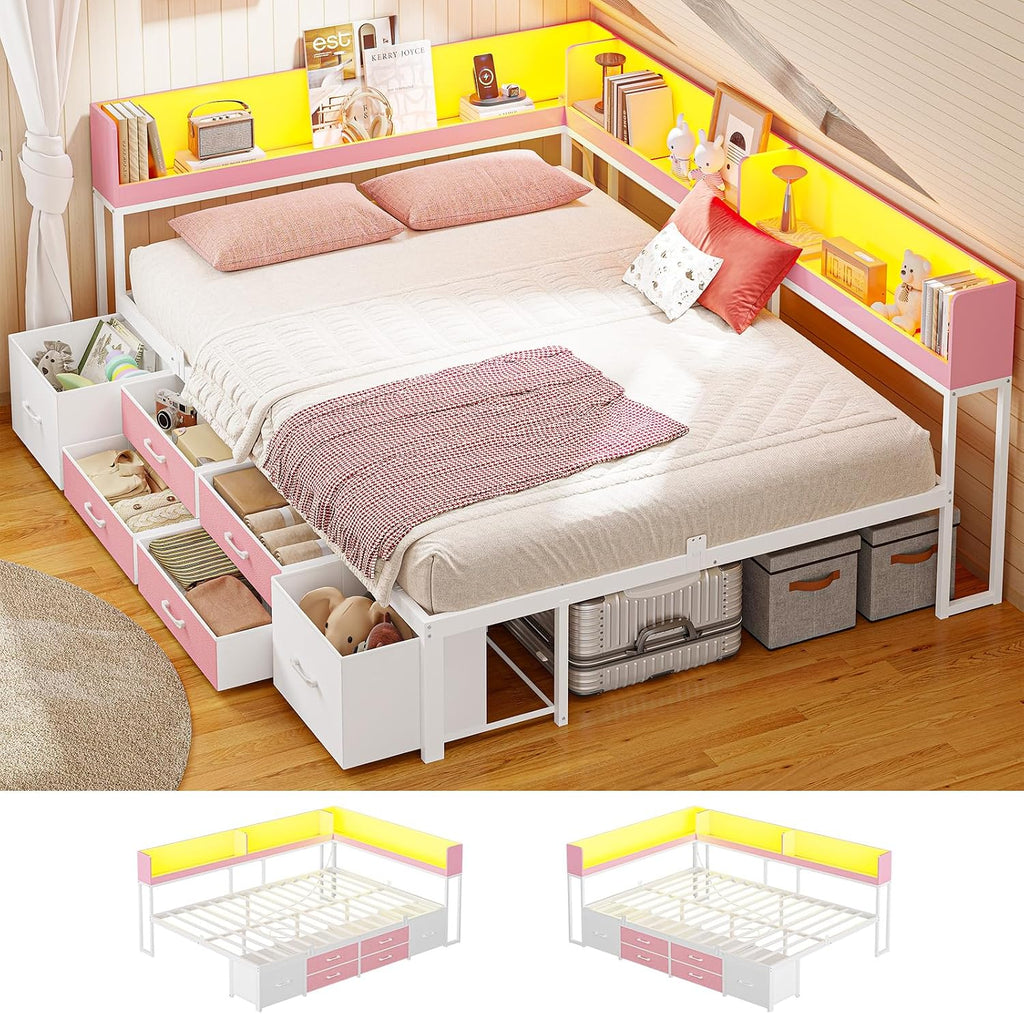 MSmask 14 Inch Corner Bed Frame with Bookcase Storage, Full Daybed with 6 Drawers, Charging Station and LED Light, Full Size Metal Platform Bed Frame for Kids Teenagers, Pink