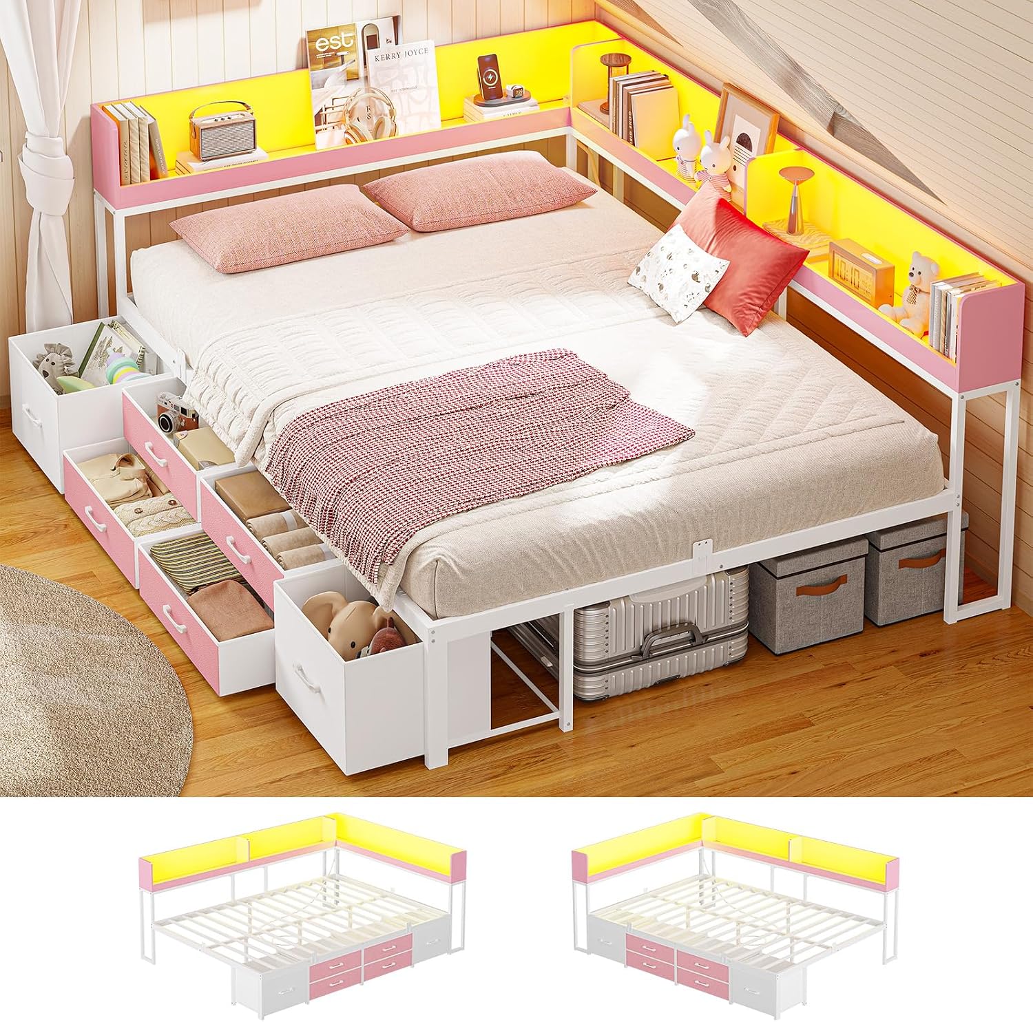 MSmask 14 Inch Corner Bed Frame with Bookcase Storage, Full Daybed with 6 Drawers, Charging Station and LED Light, Full Size Metal Platform Bed Frame for Kids Teenagers, Pink