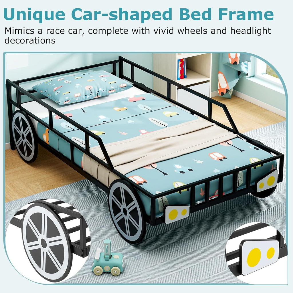 Costzon Twin Bed Frames for Kids, Car-Shaped Metal Bed with Wheels Decorations, Safety Guardrails, No Box Spring Needed, Fits Standard Twin Mattress (Mattress Not Included), Twin Bed for Boys Girls