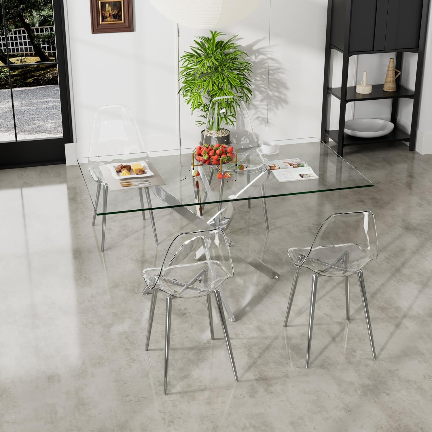 Clear Glass Dining Table Set for 4, 5 Piece Modern Luxury Rectangle Kitchen Table Set, 63'' Minimalist Dinner Room Table Set with Clear Acrylic Chair, for Living Room Large Apartment (Silver)