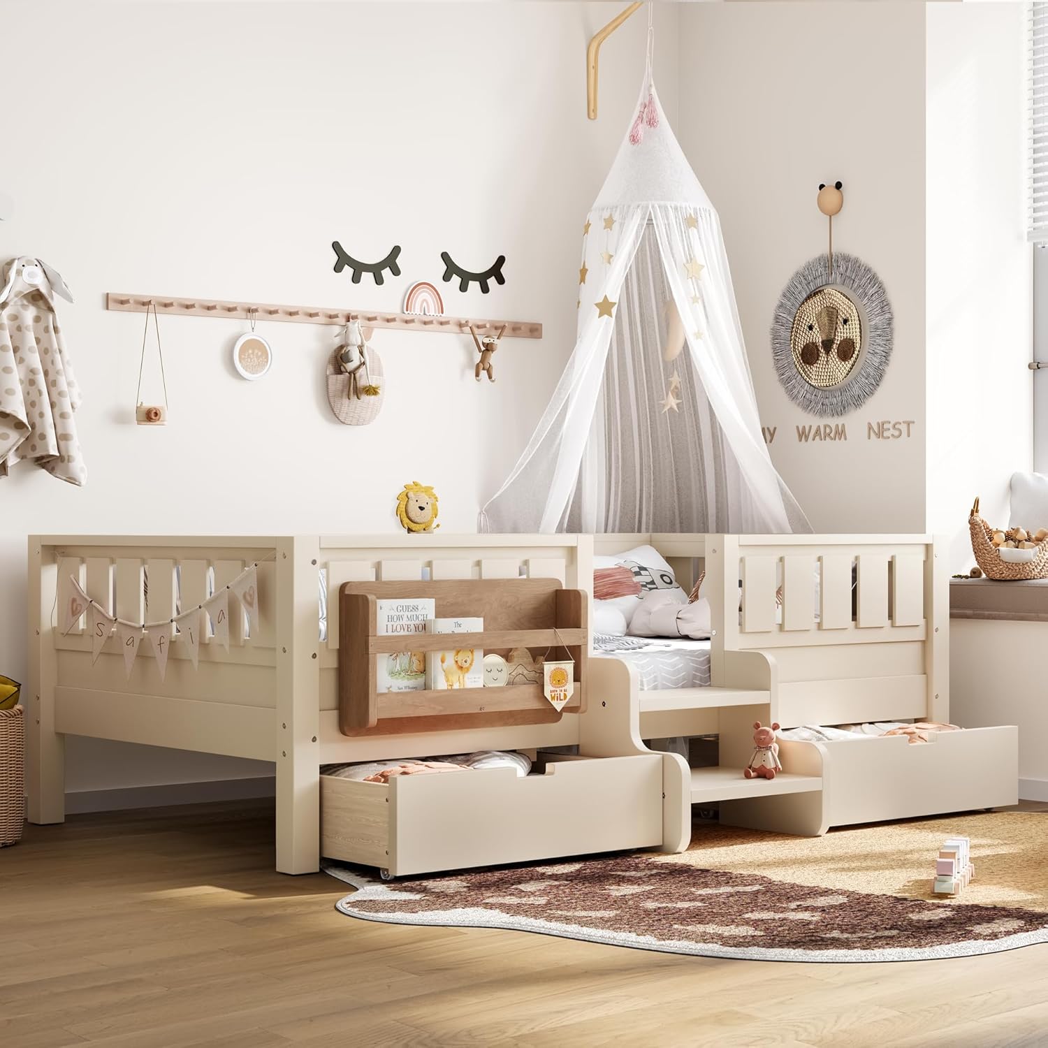 Bellemave Full Size Bed with Slats and Stairs, Full Size Platform Bed Frame with Fence, Bookshelf and Storage Drawers, Easy Assemble Beds for Kids, Girls, Boys, Beige
