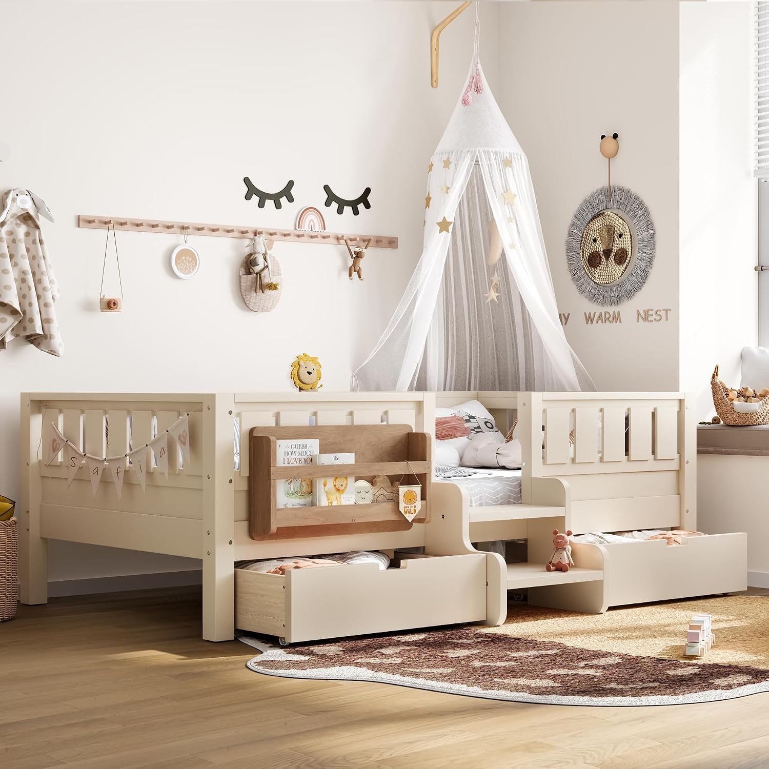 Bellemave Twin Montessori Bed with Stairs, Rails and Slats, Twin Size Montessori Floor Bed with Bookshelf and 2 Storage Drawers, Easy Assemble Beds Frame for Girls, Boys, Beige