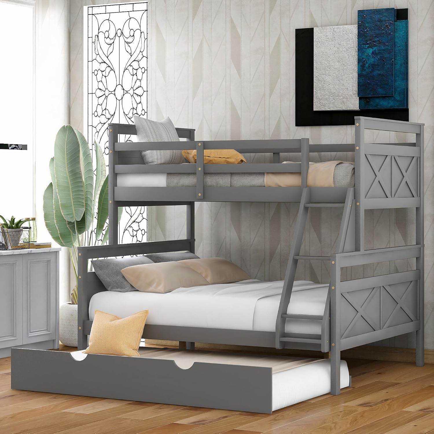 Twin Over Full Bunk Bed with Ladder and Twin Size Trundle,Bedroom Wood Bed Frame W/Safety Full-Length Guardrail,No Box Spring Required,for Kids Teens Girls Boys,Gray