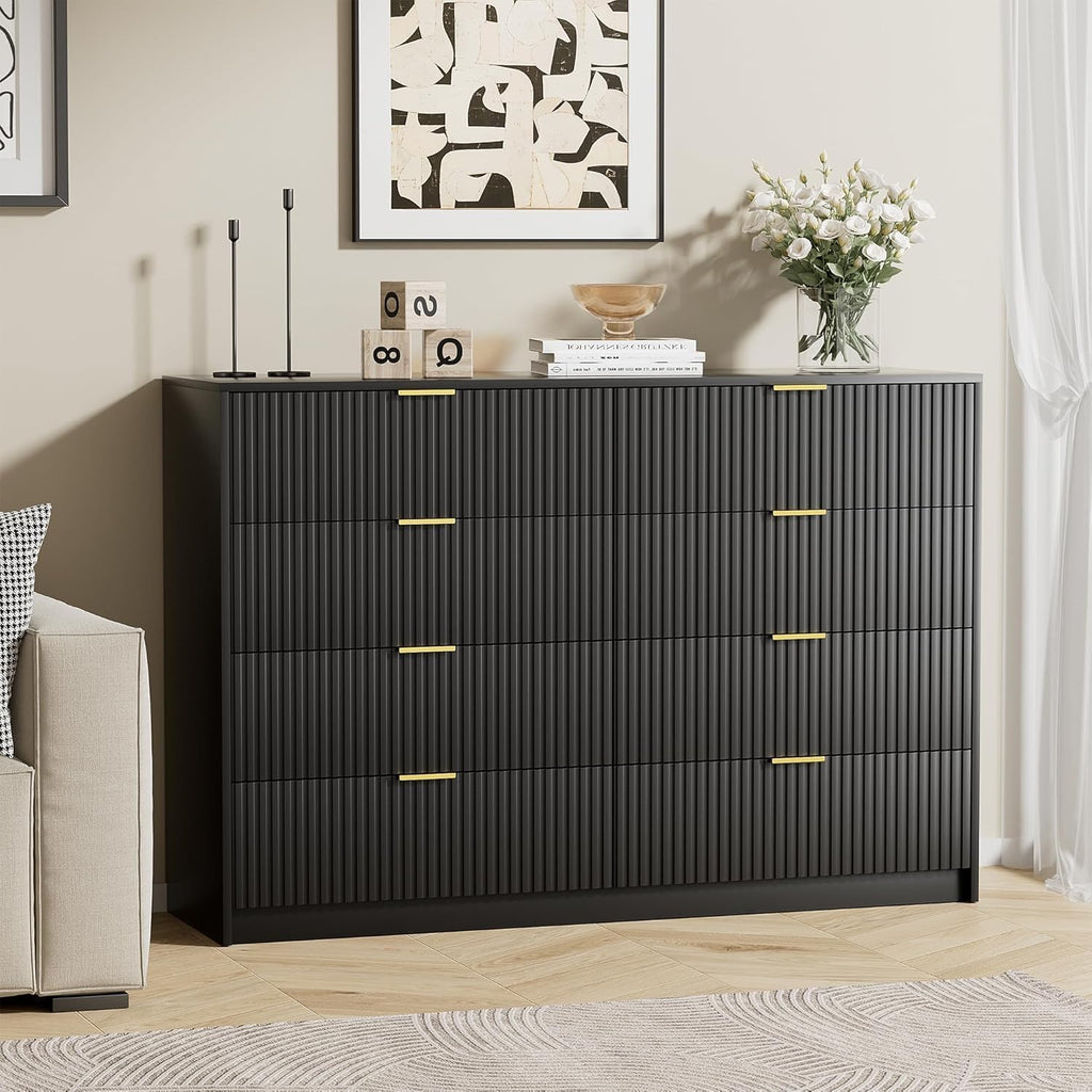 Furniway Black Dresser for Bedroom, 8 Drawer Wide Dresser with Smooth Slides, Modern Chest of Drawers with Gold Handles, Wood Storage Organizer for Closet