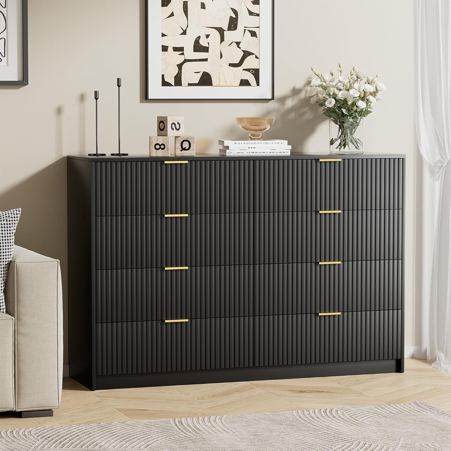 Furniway Black Dresser for Bedroom, 8 Drawer Wide Dresser with Smooth Slides, Modern Chest of Drawers with Gold Handles, Wood Storage Organizer for Closet