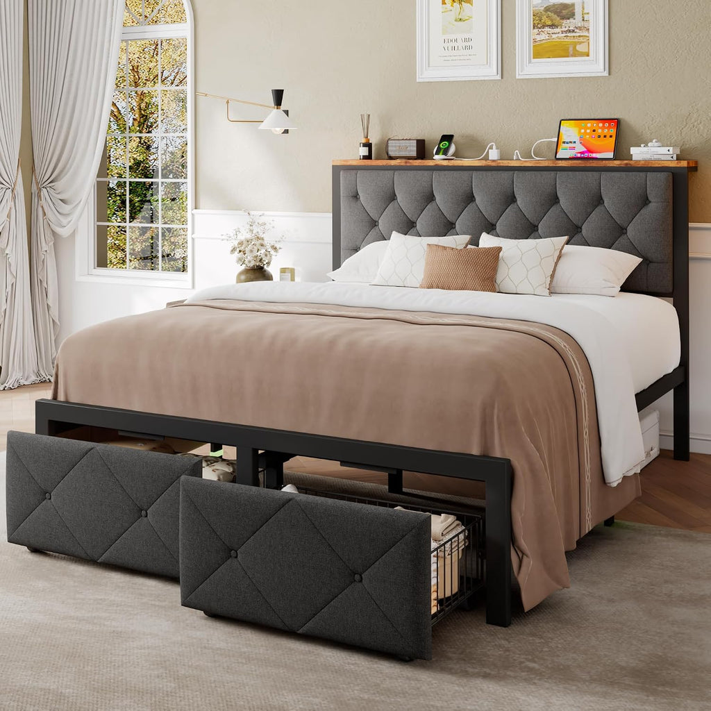Einhomn Queen Bed Frame with 2 Storage Drawers, Metal Platform Bed with Charging Station, Upholstered Button Tufted Storage Headboard, No Box Spring Needed, Easy Assembly, Noise-Free, Grey