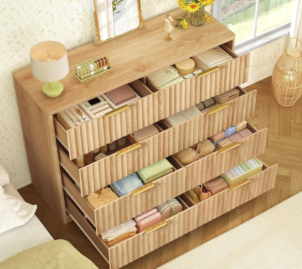 TEENOFN Fluted Dresser for Bedroom with 8 Drawers, 47.2' Wide Modern Chest of Drawers with Metal Handle, Dresser TV Stand, Wood Closet Clothes Storage Organizer for Living Room, Hallway, Natural