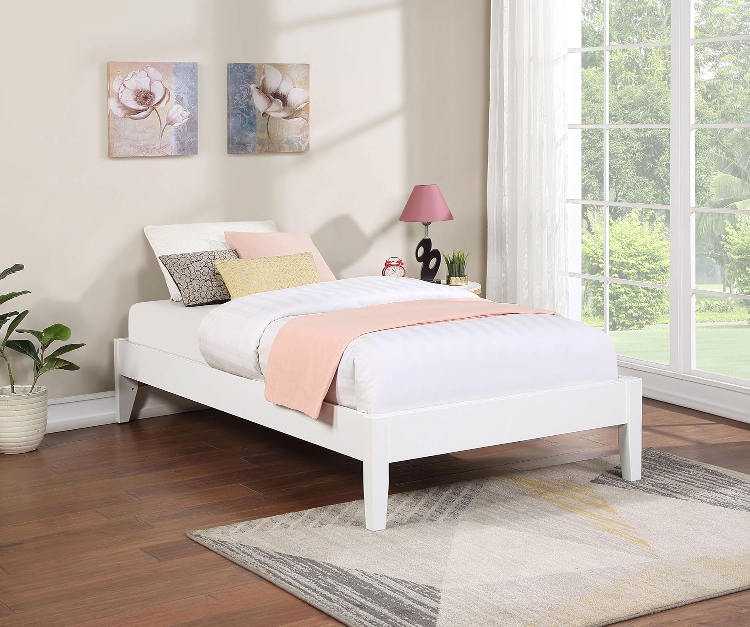 Coaster Home Furnishings - Hounslow - Wood - Universal Platform Bed with Fully Slatted Mattress-Ready Design, Contemporary Style and Center Rail - Bedroom - Twin Size - White - 306128T