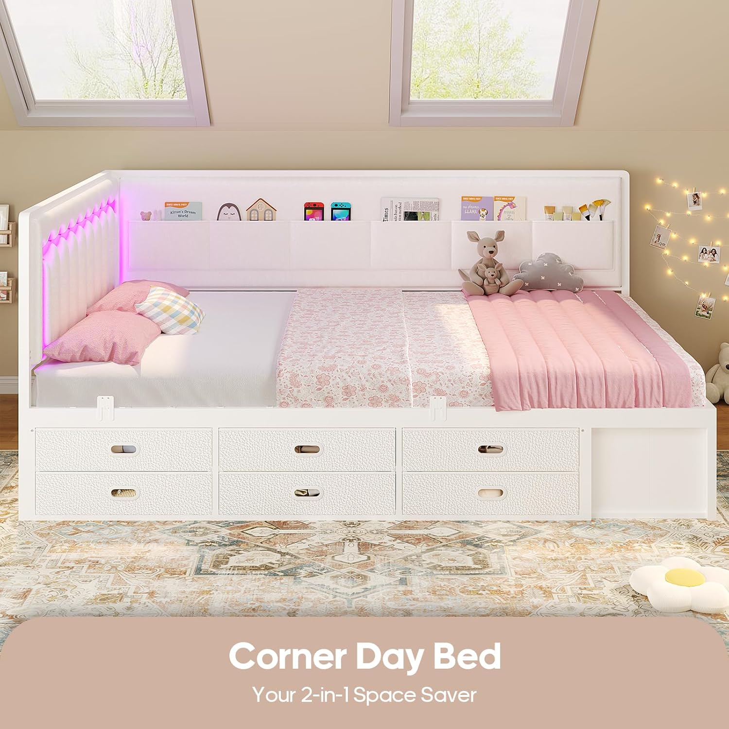 ADORNEVE Full Corner Bed Frame with 8 Drawers, 6 Storage Pockets, Full Daybed with Storage and RGB Wave Lights, Platform Bed with L-Shaped Upholstered Guardrail for Kids Teen,White