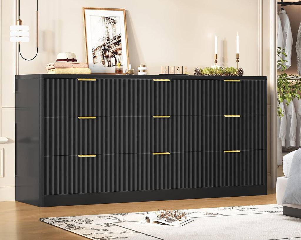 TEENFON Fluted Dresser for Bedroom with 9 Drawers, 63' Wide Modern Chest of Drawers with Metal Handle & Curved Profile Design, Wood Closet Clothes Storage Organizer for Living Room, Hallway, Black