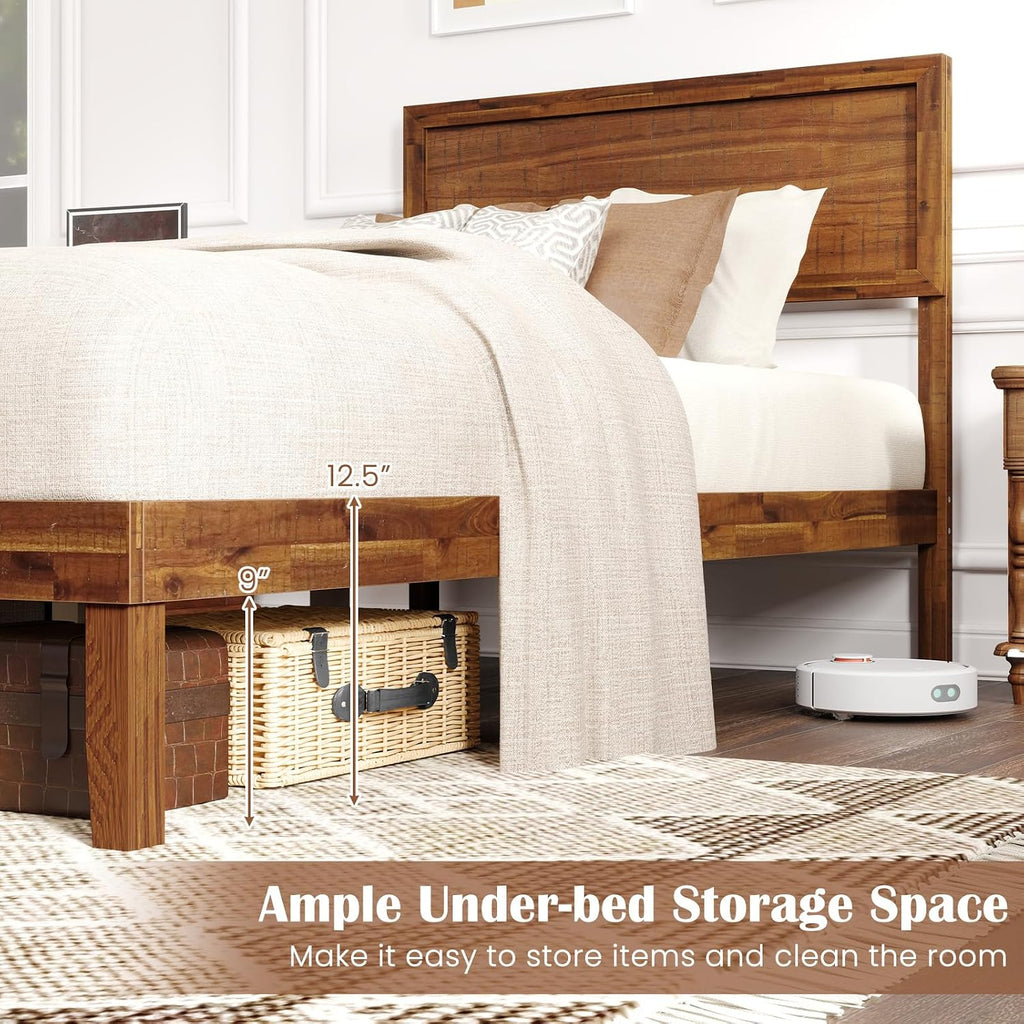 Giantex Wood Twin Bed Frames with Headboard, Mid Century Modern Platform Bed Twin Size with Solid Wood Legs & Wooden Slat Support, Easy Assembly, No Box Spring Needed, Walnut