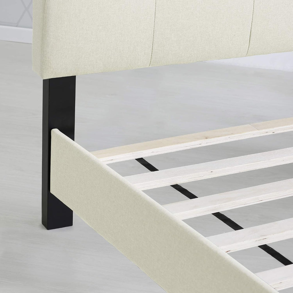 Furinno Laval Double Row Nail Head Upholstered Platform Bed Frame, Full, Linen