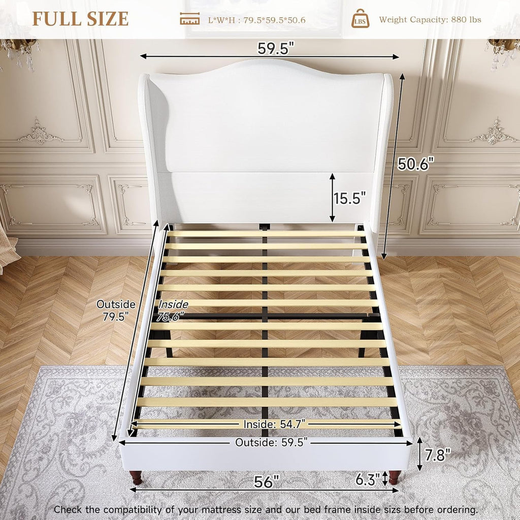 koorlian Full Size Bed Frame with 51' Tall Headboard, Fully Upholstered Platform Bed Frame with with Soft Fabric, Sleigh Wingback, Solid Wood Retro Legs, Modern Minimalist Style, Easy Assembly, White
