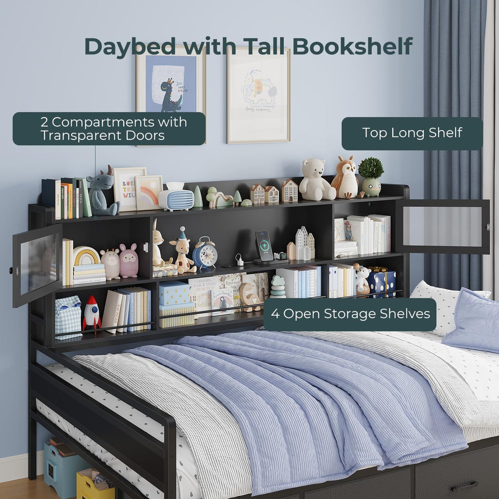 BTHFST Twin Daybed with 4 Storage Drawers & 3-Tier Bookshelf, Day Bed with RGB LED Lights & Charging Station, Corner Bed Frame with Storage Headboard for Bedroom, Living Room, Guest Room, Black