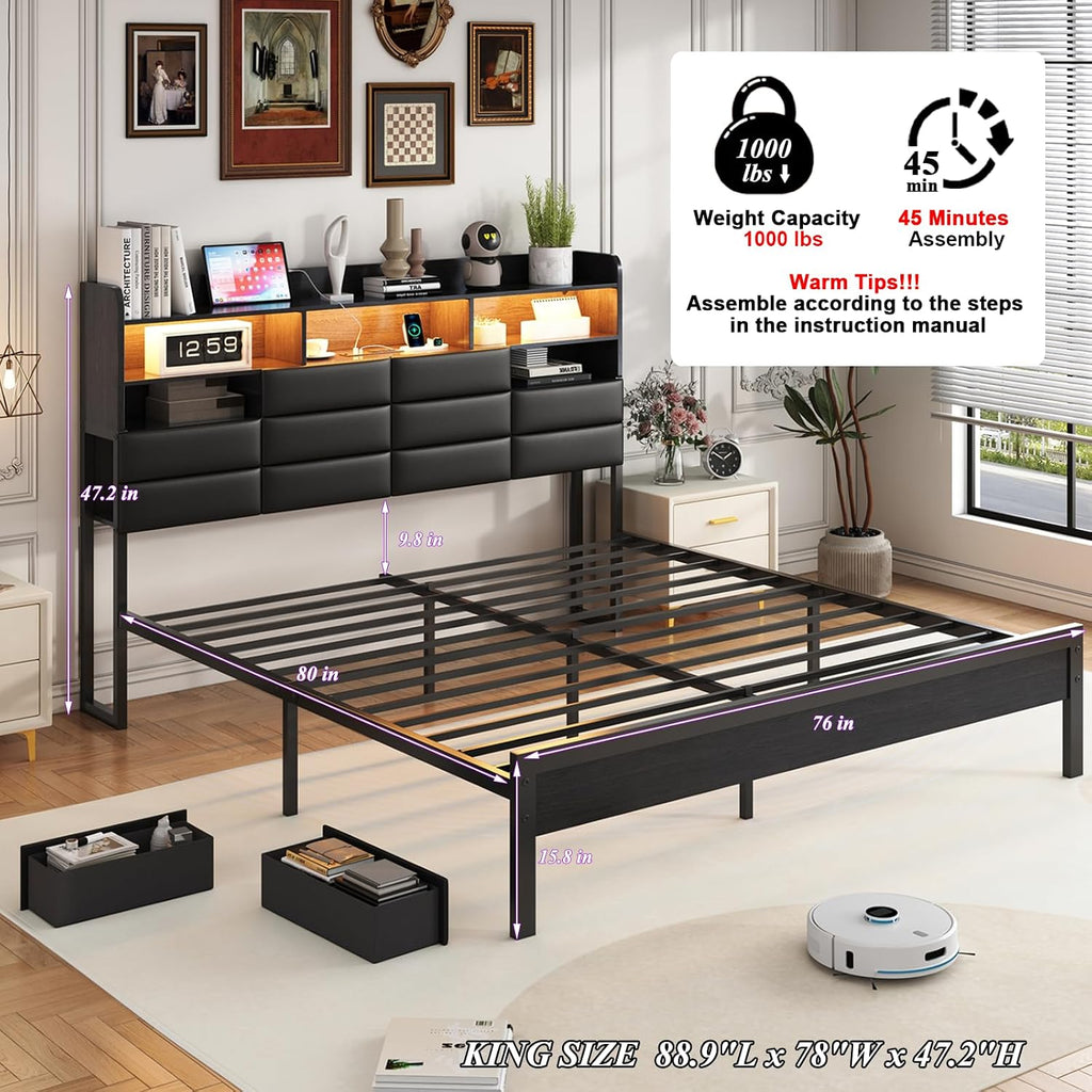King Size Black Bed Frame with 2 Storage Drawers and Charging Station, Upholstered Bed Frame with PU Leather Headboard LED Lights, Metal Slats Support, No Box Spring Needed, Noise Free