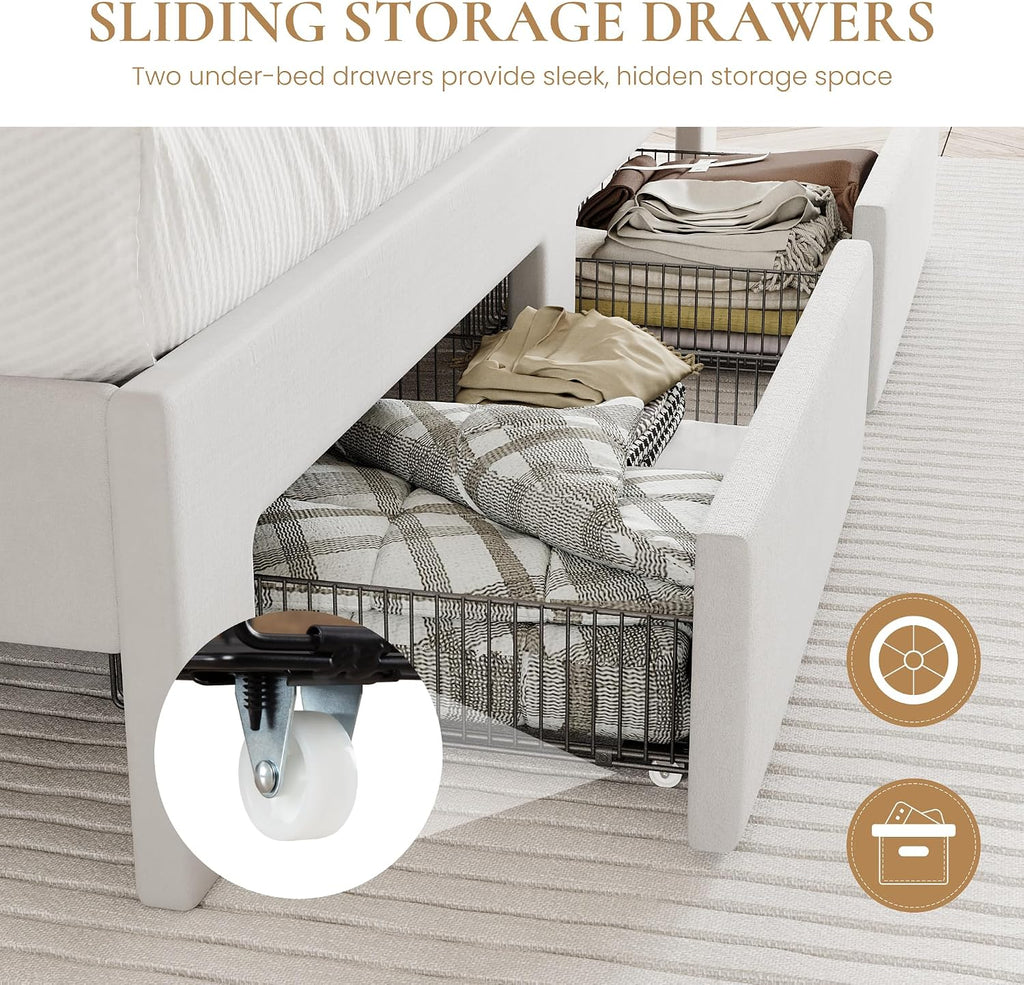 SHA CERLIN Velvet Queen Bed Frame with Vertical Channel Tufted Wingback Headboard & 2 Storage Drawers/2-Tier Shelves with LED Lights & Charging Station/Noise-Free/No Box Spring Needed/White