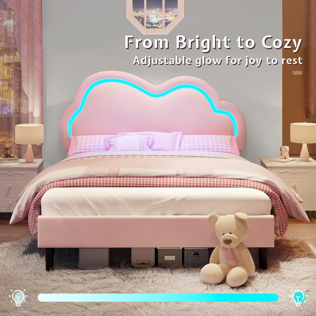 Jocisland Full Bed Frame for Girls with Adjustable Cloud Headboard, Velvet Upholstered & RGB Lights, 7.1' Underbed Storage, No Box Spring Needed, Pink | Cloud Shape Design