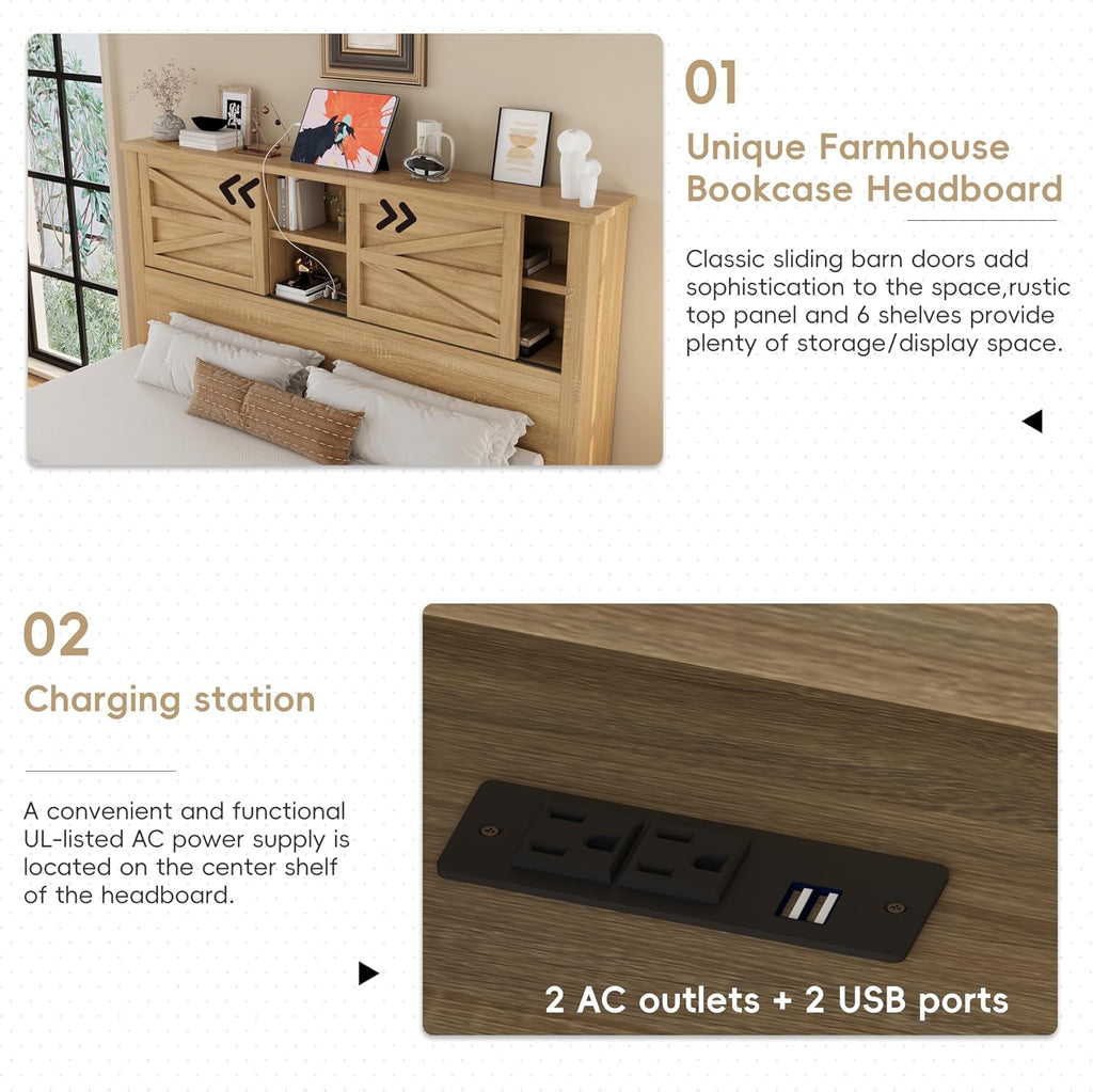 3-Pieces Queen Size Bedroom Sets, Farmhouse Platform Bed with Double Sliding Door USB Storage Headboard, 3PCS Bedroom Sets with Cabinet and Nightstands, Kids Adults, Natural