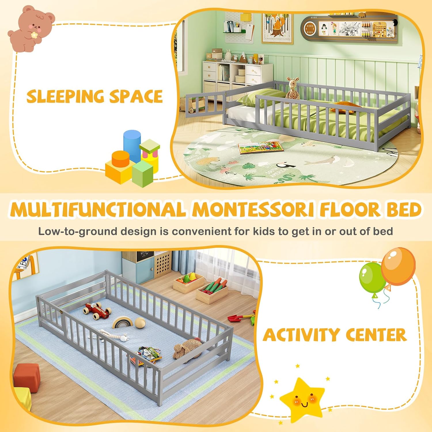 Giantex Twin Floor Bed with Fence for Kids, Wooden Montessori Bed Frame with Lockable Door & Guardrails, Low Floor Beds for Kids, Boys, Girls, No Box Spring Needed, Without Wood Slats, Grey
