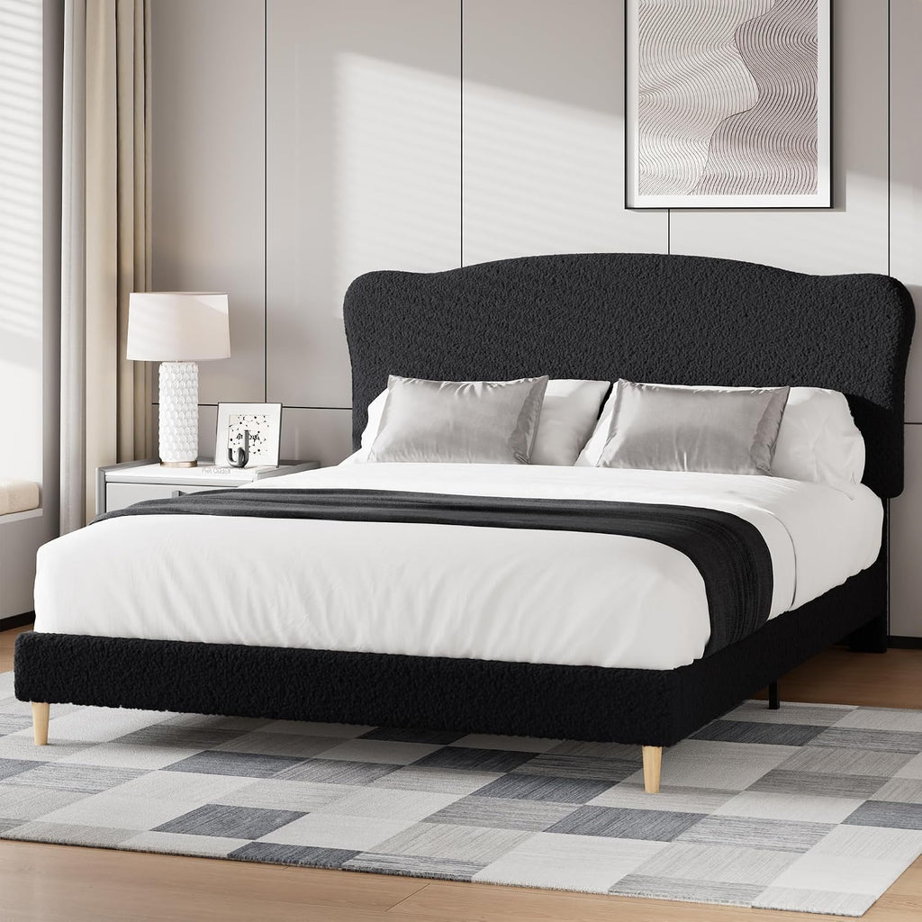 GarveeHome Queen Size Bed Frame with Upholstered Headboard, Soft Low Profile Sturdy Platform Bed with Rounded Corners Design, Heavy Duty, Wooden Slats, Noise Free, No Box Spring Needed, Black