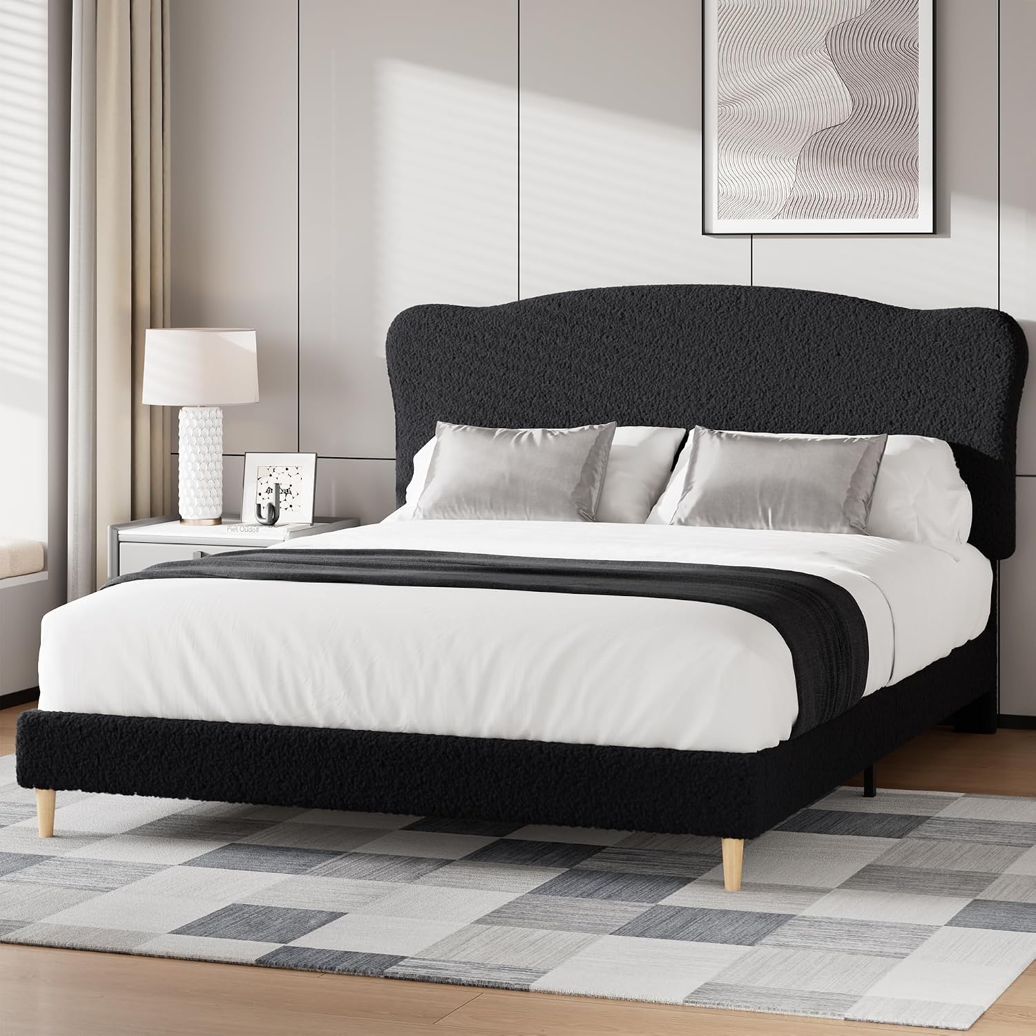 GarveeHome Queen Size Bed Frame with Upholstered Headboard, Soft Low Profile Sturdy Platform Bed with Rounded Corners Design, Heavy Duty, Wooden Slats, Noise Free, No Box Spring Needed, Black