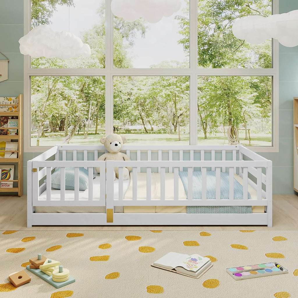 KOMFOTT Twin Size Wood Floor Bed with Door & 21.5' Fence, Montessori Bed Frame with Full Length Safety Guardrails, Door & Latch, Wooden Montessori Floor Bed for Kids, Girls, Boys
