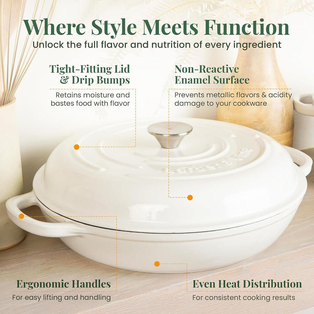 Larder & Vine Enameled Cast Iron Braiser | 3.6 qt Braiser Pan with Lid | Shallow Dutch Oven Compatible on All Cooktops | Casserole Dish Oven Safe to 500° F | Dual Handles | White