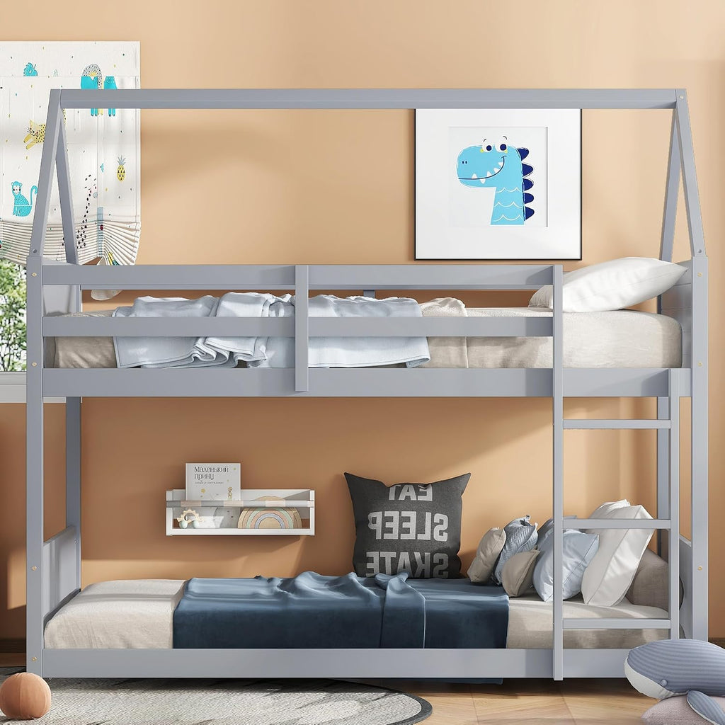 Bellemave Twin Over Twin Bunk Bed, Wooden House Bunk Bed with Ladder and Guardrail for Bedroom, Dormitory, Floor Bunk Beds with Headboard and Footboard for Kids, Teens, No Box Spring Needed, Grey