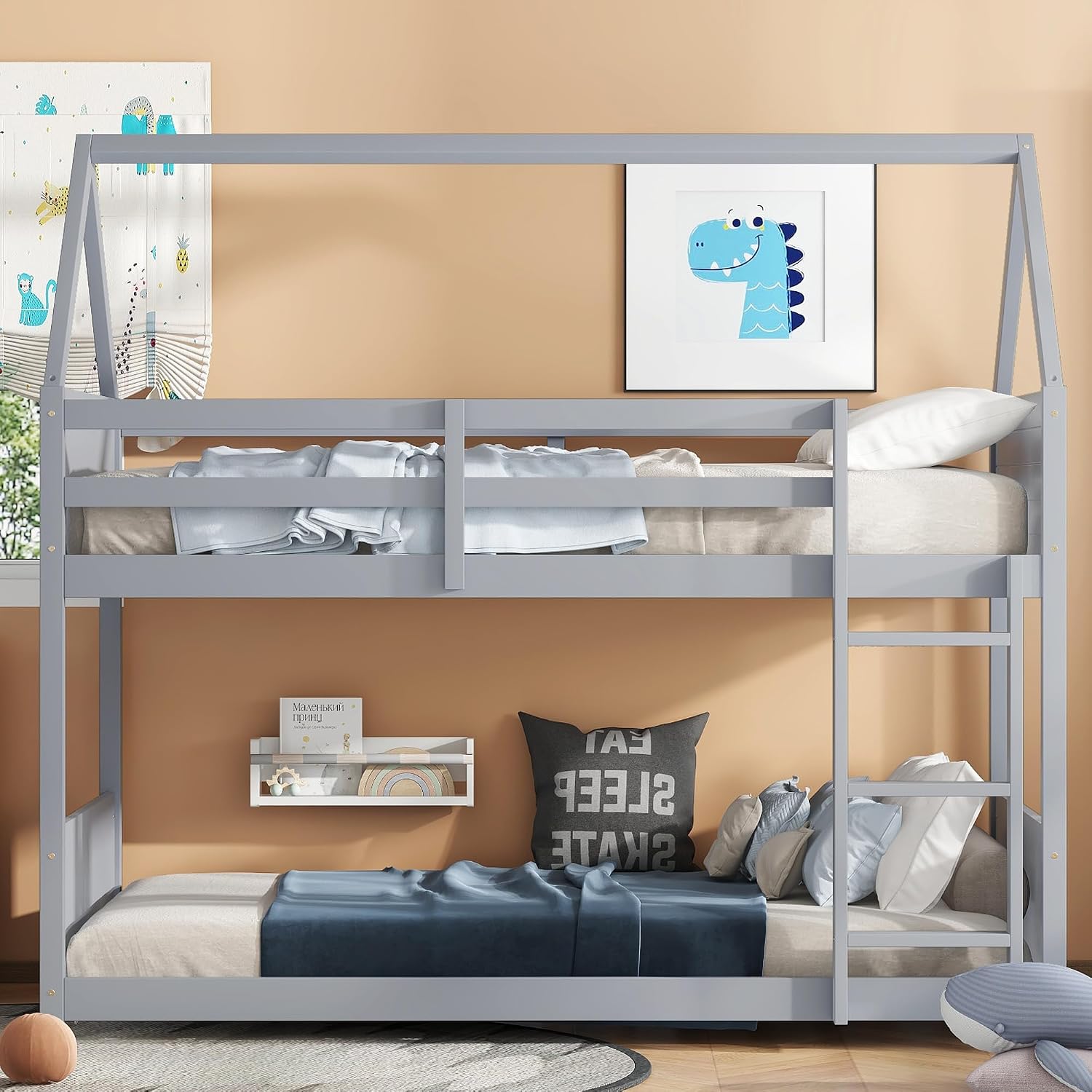 Bellemave Twin Over Twin Bunk Bed, Wooden House Bunk Bed with Ladder and Guardrail for Bedroom, Dormitory, Floor Bunk Beds with Headboard and Footboard for Kids, Teens, No Box Spring Needed, Grey