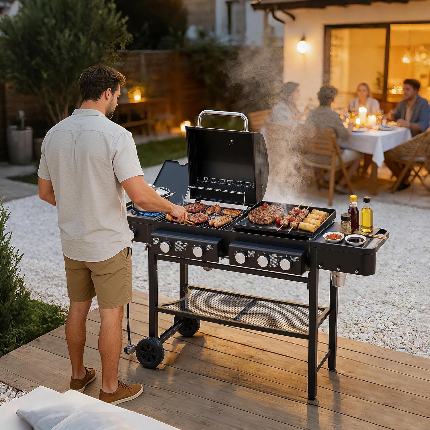 Black 5 Burner Propane Gas BBQ Griddle Grill Combo with Side Burner, 56000 BTU Output Stainless Steel Barbecue Grill with Storage and Side Tables for Outdoor Cooking Patio Backyard (2+3+1)