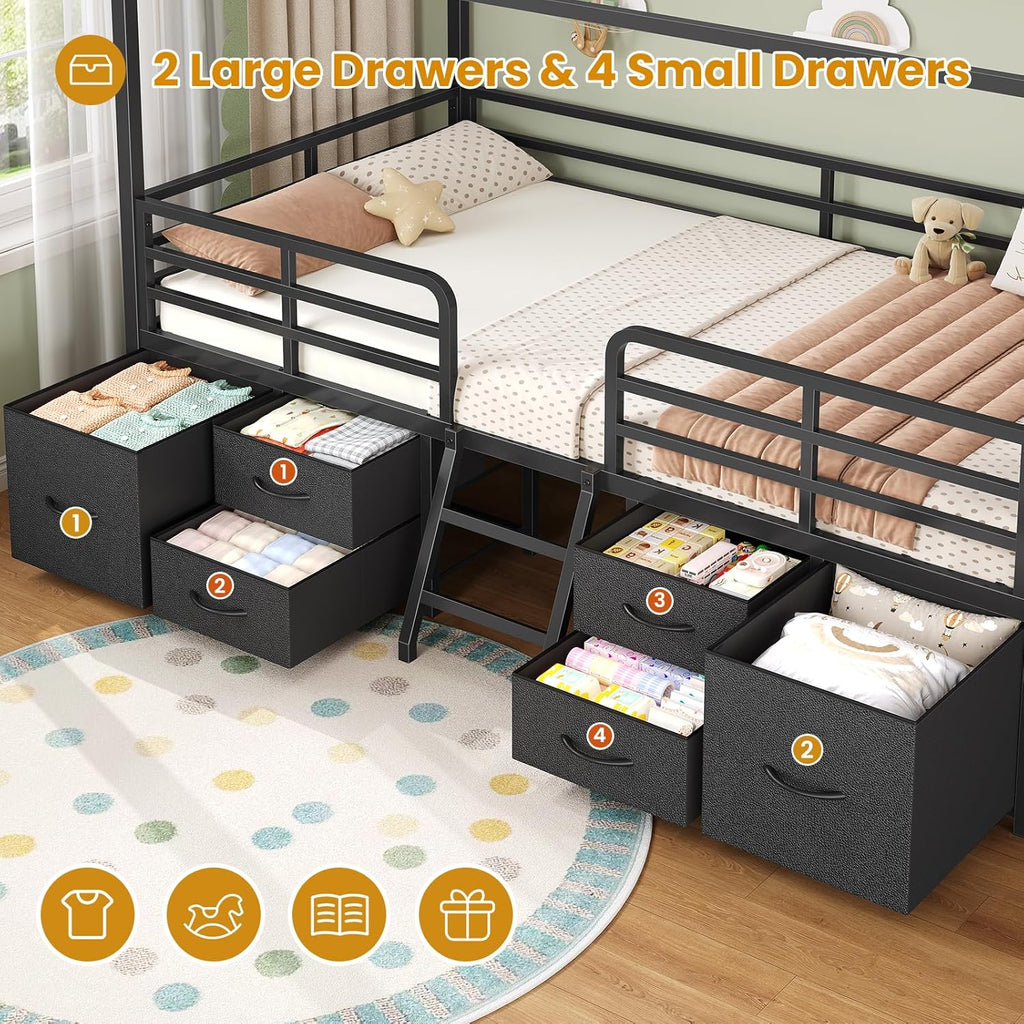 ADORNEVE Twin Size Bed Frame with 6 Drawers,House Bed with Globe String Lights Plug in,Metal Kids Bed with Safety Guardrail & Inclined Ladder,No Box Sping Needed,Black