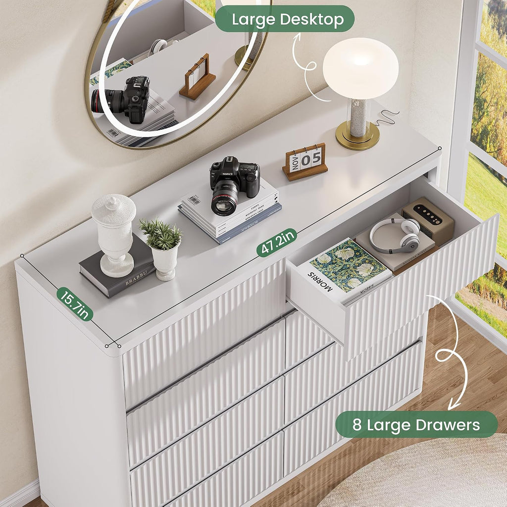 Standifurno White 8 Drawer Dresser, Modern Fluted Dressers & Chest of Drawers for Bedroom, 48' Wide Dresser TV Stand with Deep Drawer, Curved Profile, Wood Organizer for Bedroom, Living Room, Hallway