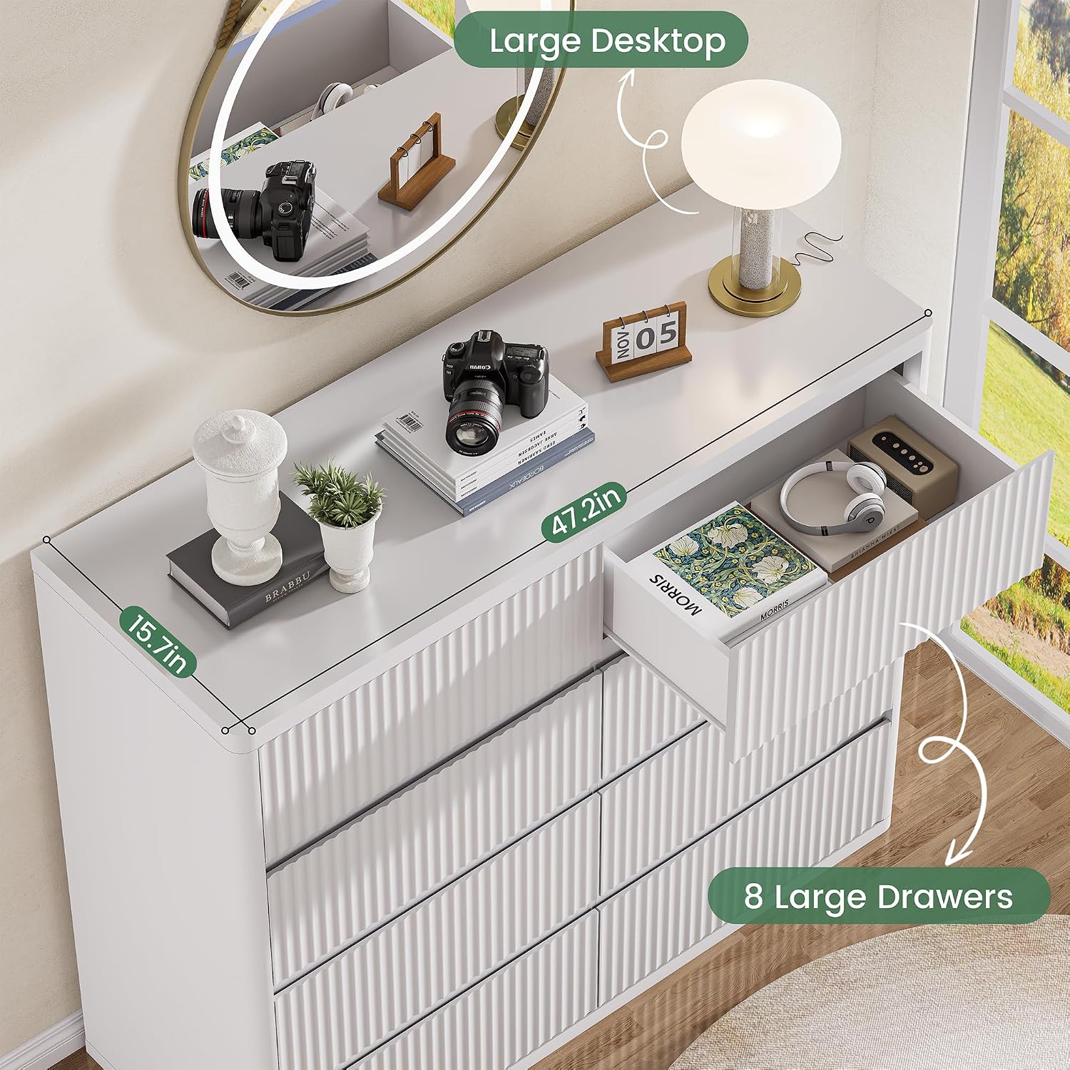 Standifurno White 8 Drawer Dresser, Modern Fluted Dressers & Chest of Drawers for Bedroom, 48' Wide Dresser TV Stand with Deep Drawer, Curved Profile, Wood Organizer for Bedroom, Living Room, Hallway