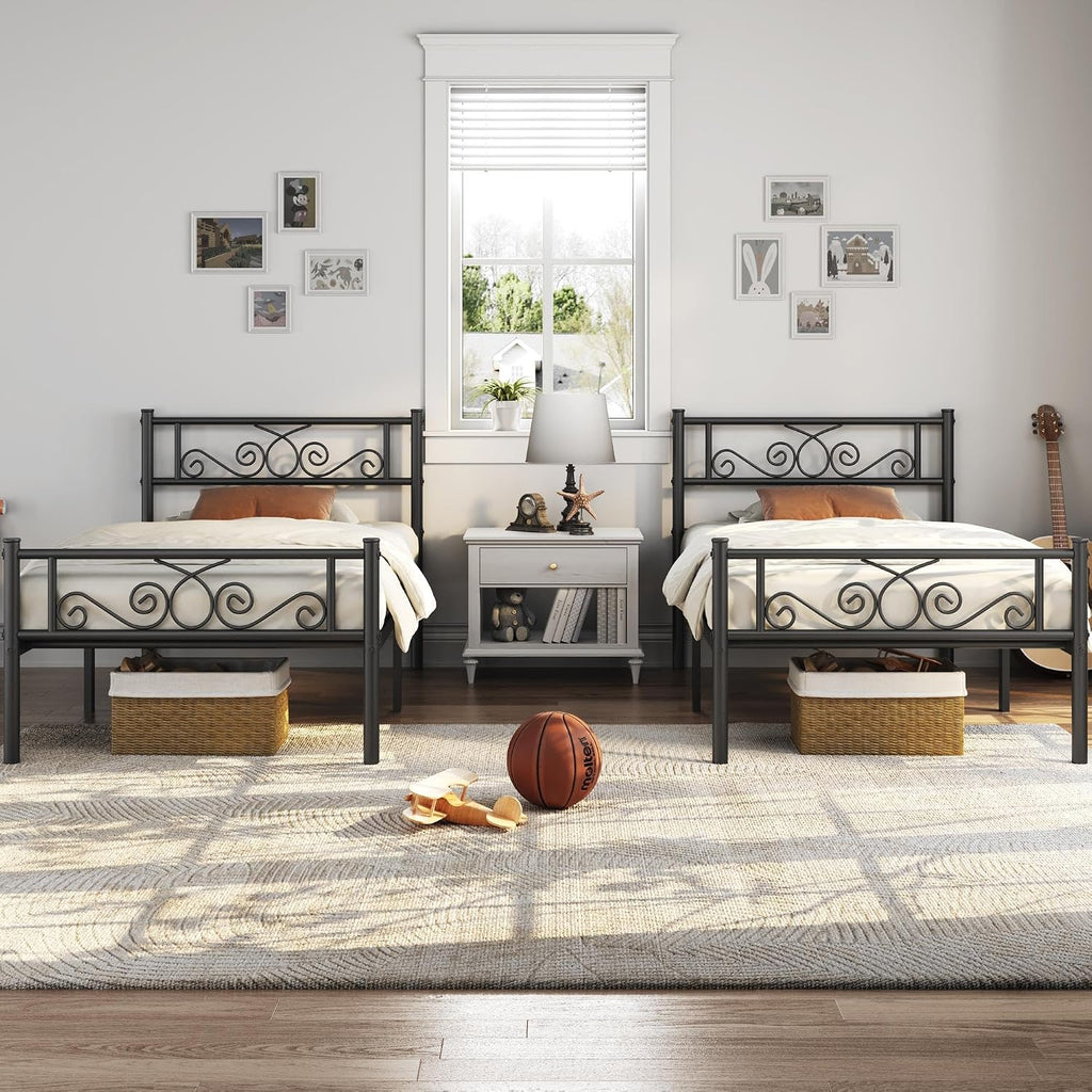 Yaheetech 2 Pcs Classic Metal Platform Bed Frame with Headboard and Footboard Flower Design Mattress Foundation Easy Set Up Structure Twin XL Size Black