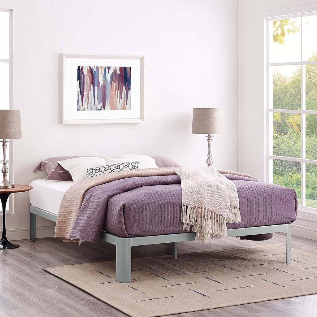 Modway Corinne Steel Modern Mattress Foundation Queen Bed Frame with Wood Slat Support in Gray