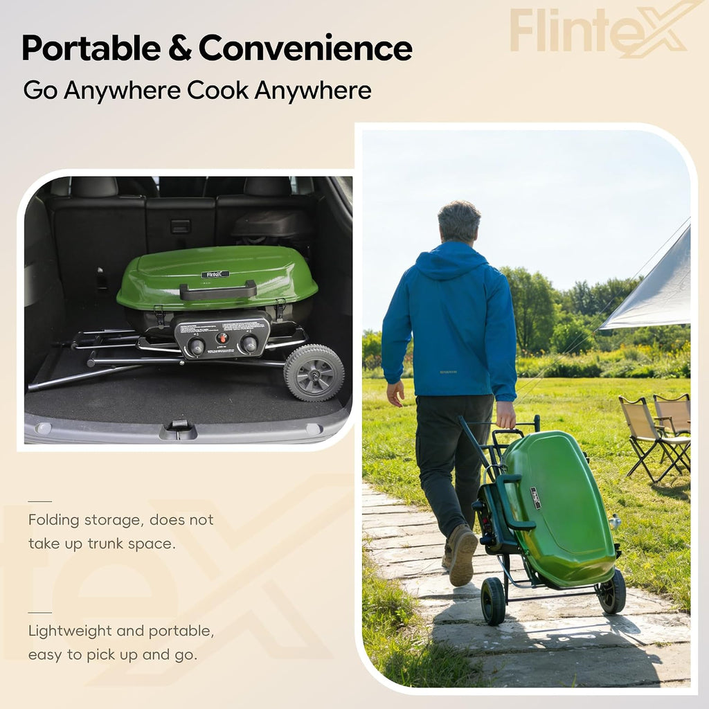Flintex 2-Burner Portable Propane Gas Grill, Foldable 2-in-1 Camping Propane Grill with Porcelain-Enameled Griddle & Grill Grate for Outdoor Camping Picnics Backyard Cooking, Green
