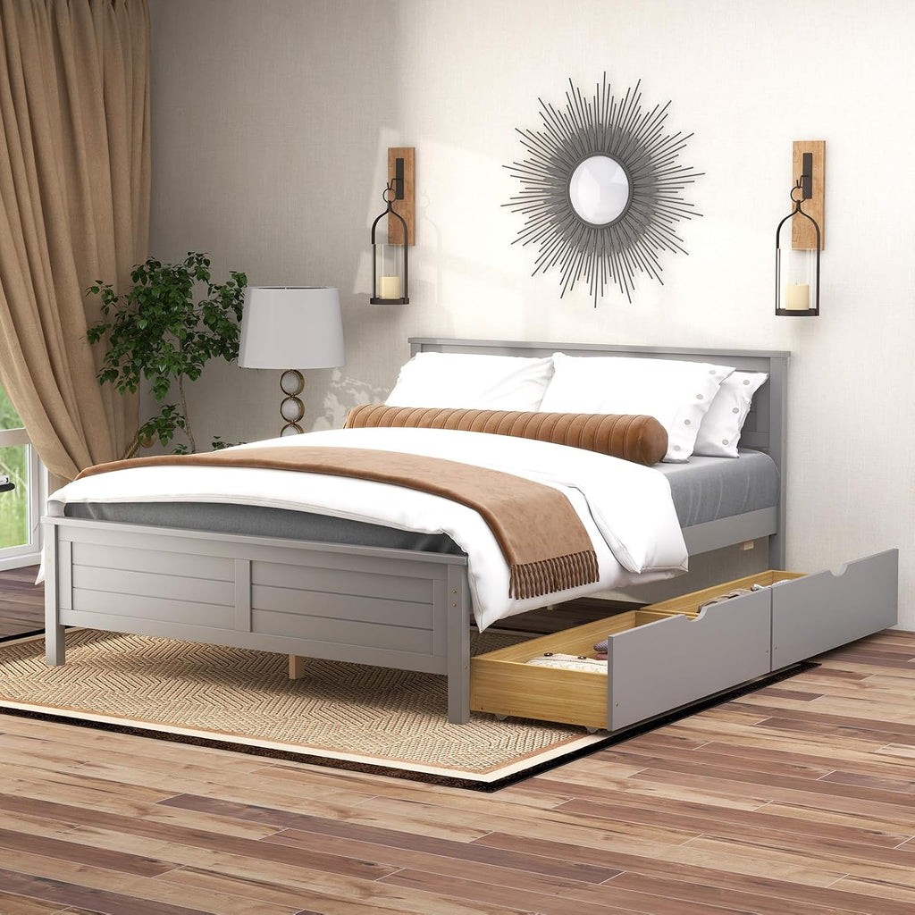 GOFLAME Full Size Bed Frame with 2 Drawers, Platform Bed with Solid Wood Headboard & Footboard, Wood Slats Support Mattress Foundation, Under Bed Storage, No Box Spring Needed, Easy Assembly, Grey