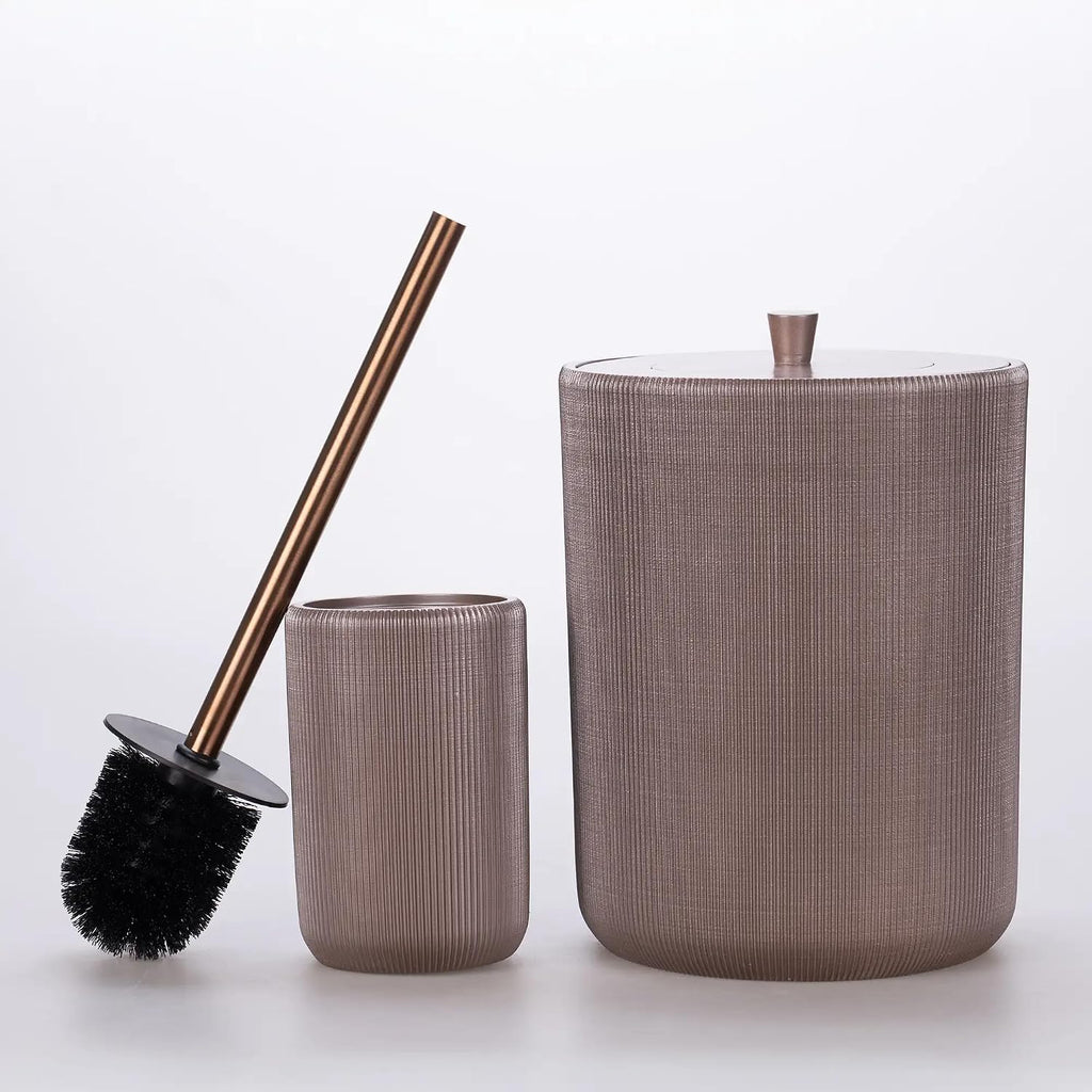 Lydia Collection 5-Piece Resin Bathroom Accessories Set – Toilet Brush Holder, Waste Bin, Soap Dispenser, Tray & Toothbrush Holder (Taupe)