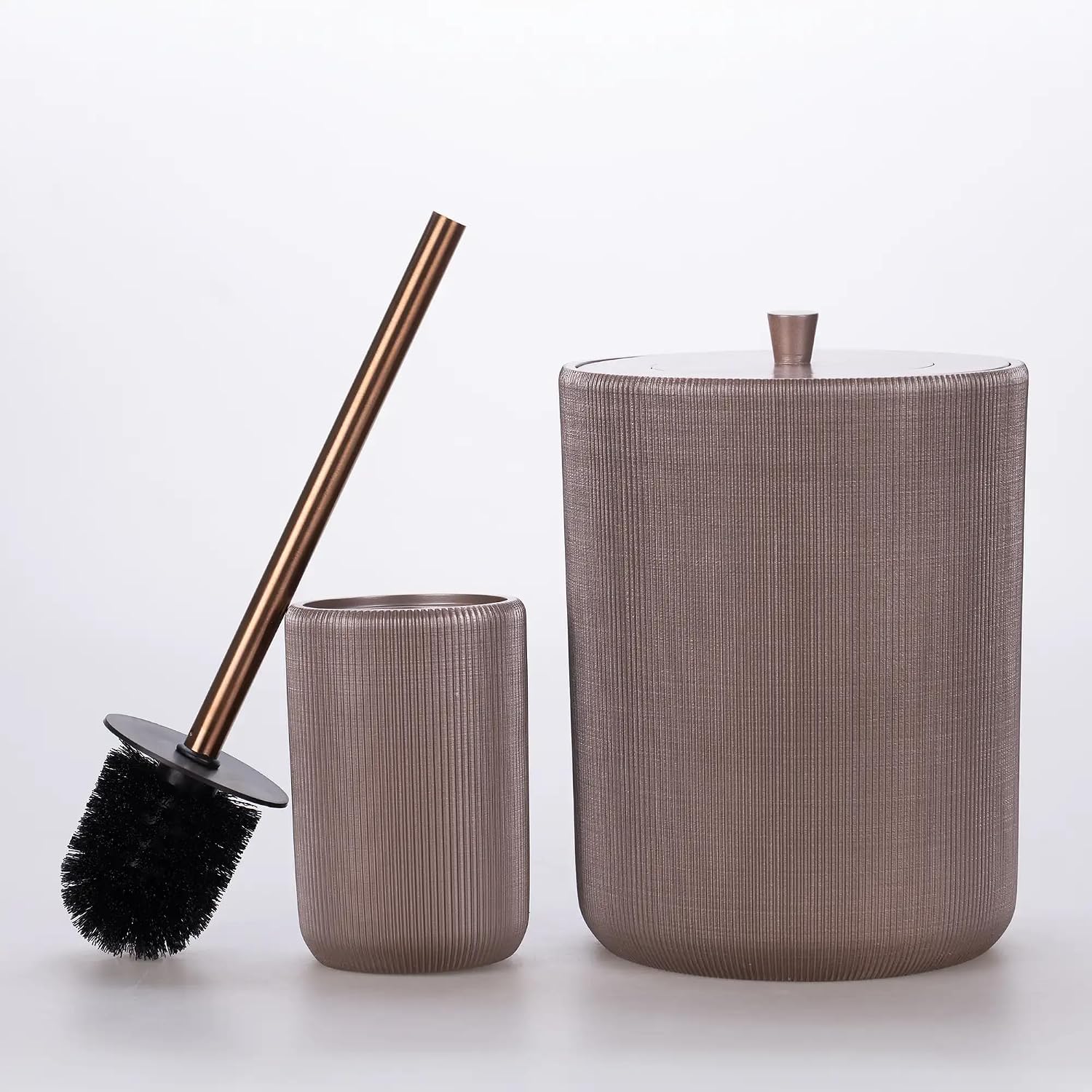 Lydia Collection 5-Piece Resin Bathroom Accessories Set – Toilet Brush Holder, Waste Bin, Soap Dispenser, Tray & Toothbrush Holder (Taupe)