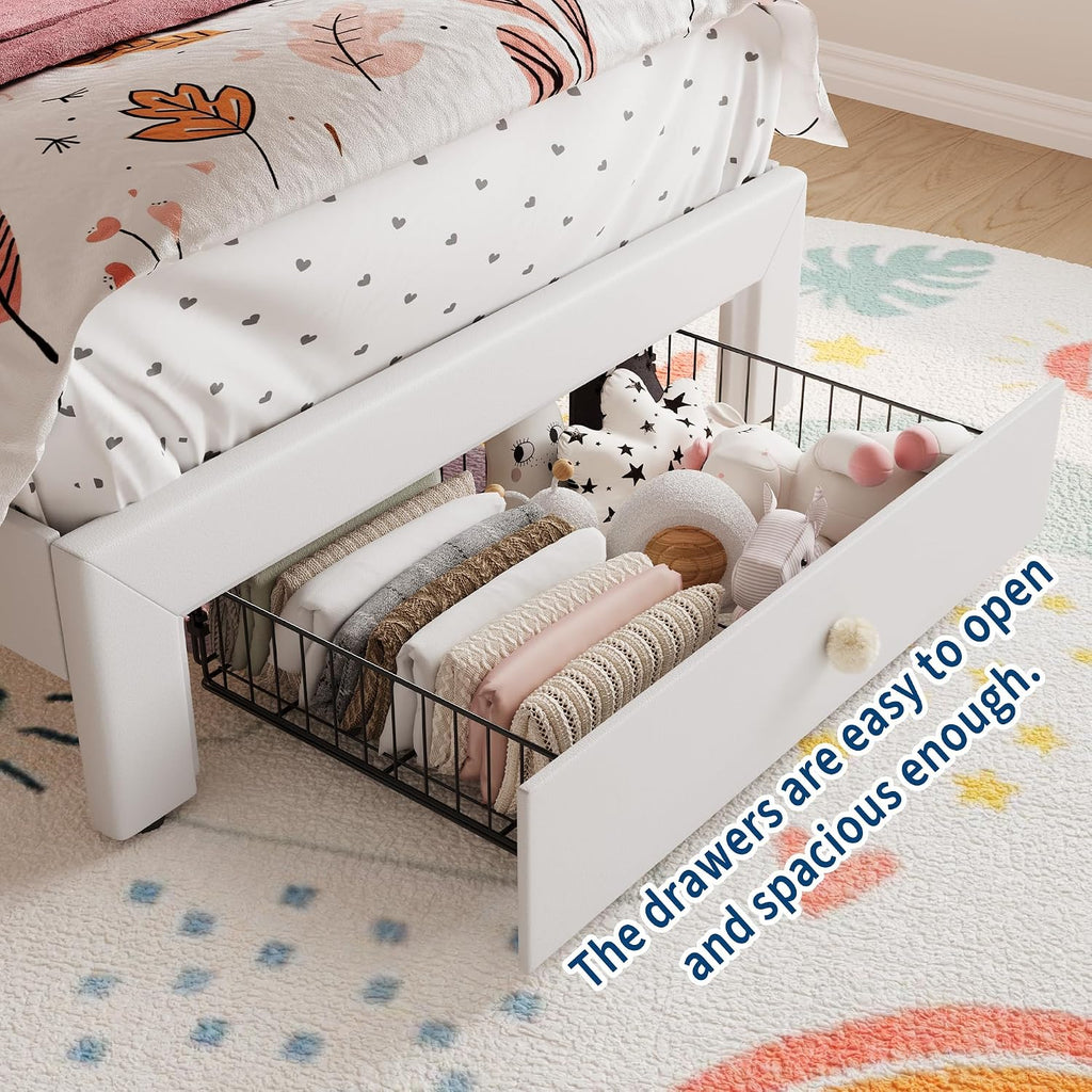 Garvee Twin Size Bed Frame with LED Lights & Velvet Crystal Button Headboard, Upholstered Boy/Girl Platform Bed with Storage Drawer, Noise Free, No Box Spring Needed for Kids, Teens, Beige