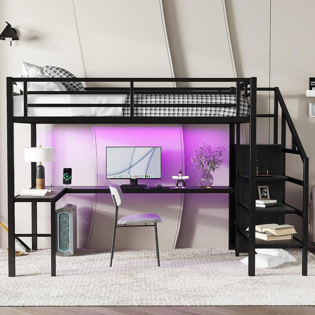 Full Size Metal Loft Bed with Desk and Wardrobe,Heavy Duty Loft Bed Frame with Storage Stairs,LED Lights and Charging Station for Kids,Teens,Adults,Space Saving,Full Size,Black