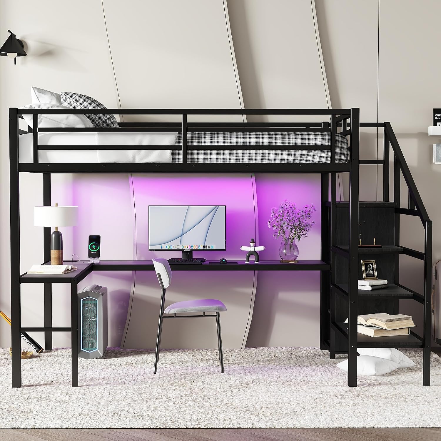 Full Size Metal Loft Bed with Desk and Wardrobe,Heavy Duty Loft Bed Frame with Storage Stairs,LED Lights and Charging Station for Kids,Teens,Adults,Space Saving,Full Size,Black