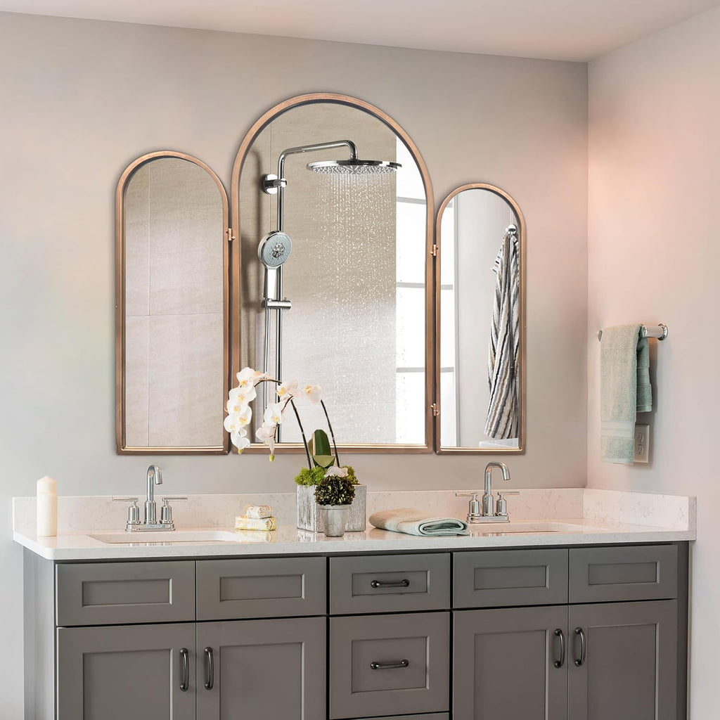 BAODANFU Vintage Gold Trifold Vanity Mirror, 3 Way Mirror for Makeup Room, Dressing Room, Bedroom, Bathroom