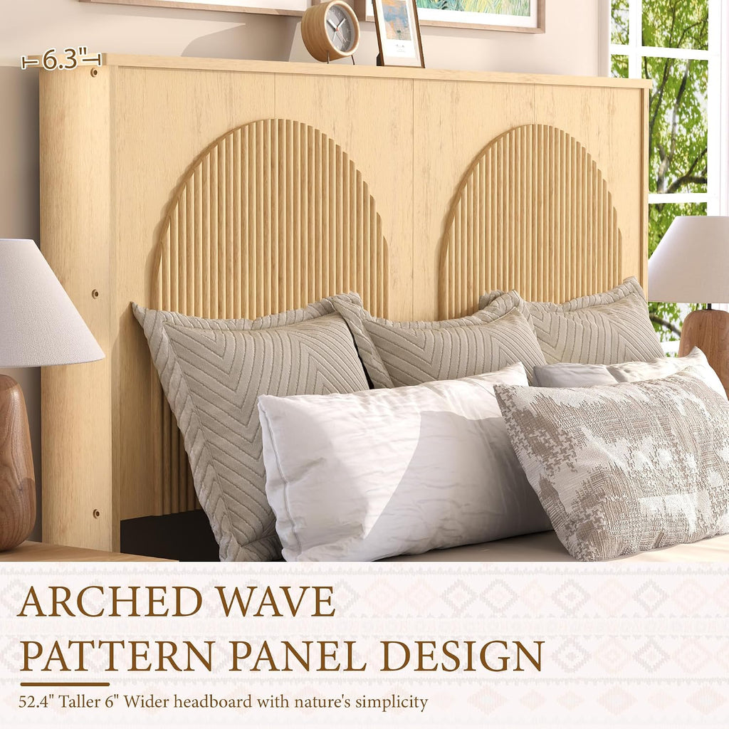 XIAO WEI Fluted Queen Bed Frame with 52.4' Tall Headboard, Bed Frame with Storage Drawers,Wooden Bed Frame with 8' Underbed Storage, No Box Spring Needed,Natural