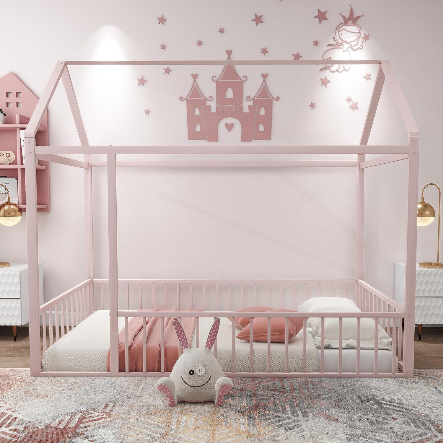 Bellemave Twin Size Montessori Floor Bed, Metal House Bed Frame, House Floor Bed for Kids, with Fence, Playhouse for Kids, Pink with roof