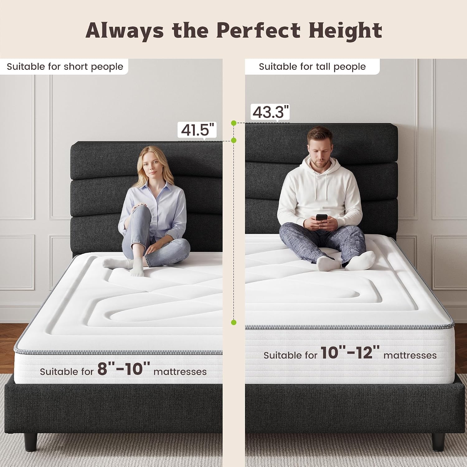 EnHomee Queen Bed Frame with Adjustable Height Upholstered Headboard, 3 USB Charging Ports, Noise-Free Platform Bed, No Box Spring Needed, Grey